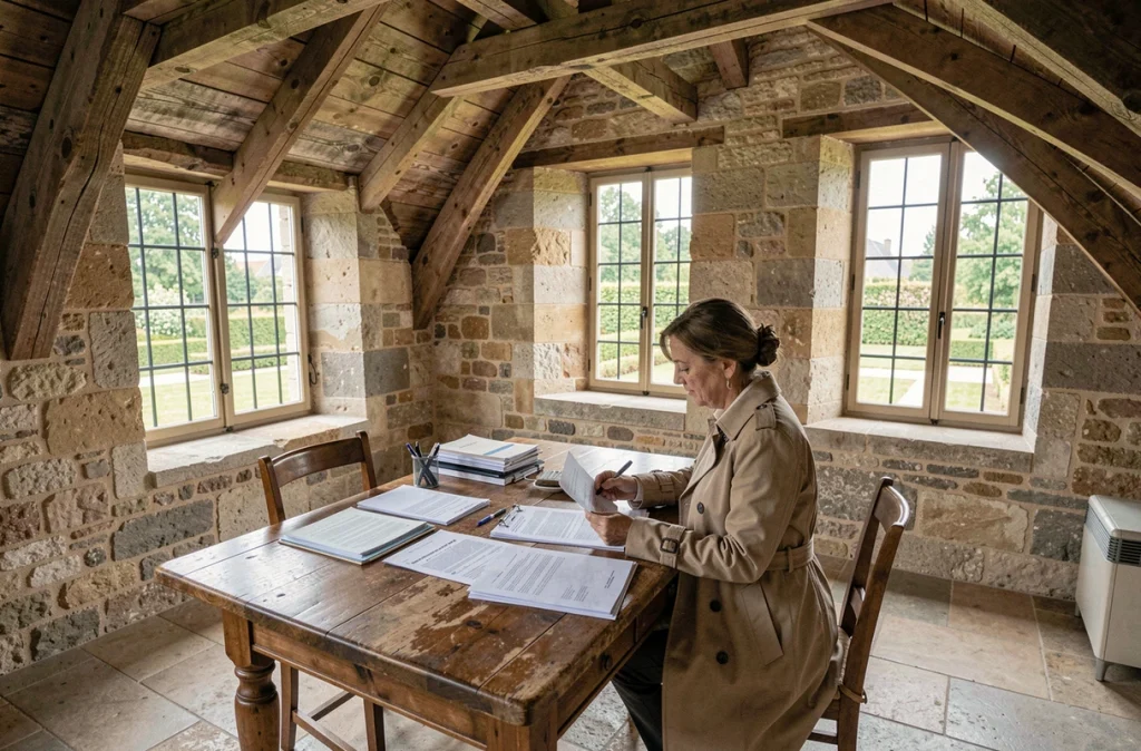 Femme étudiant des documents fiscaux dans une salle voûtée en pierre d'un château classé monument historique