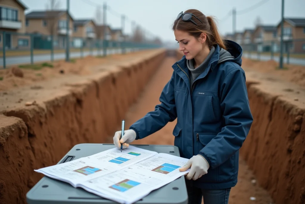 Géologue consultant un rapport d'étude de sol sur le terrain avec une tranchée géotechnique en arrière-plan
