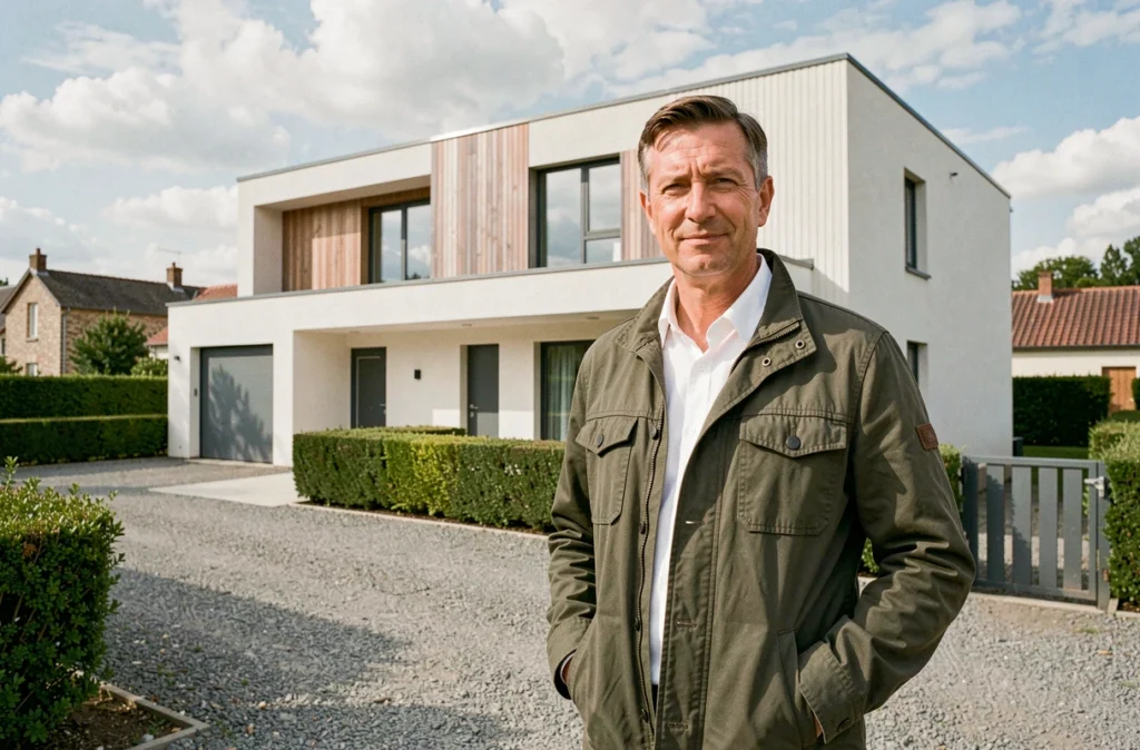 Architecte Gouyette à Cantenay-Épinard devant une maison individuelle contemporaine aux lignes géométriques épurées