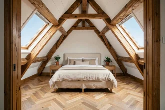 Grenier aménagé en chambre lumineuse avec poutres apparentes, velux et parquet en chêne en chevrons