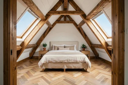 Grenier aménagé en chambre lumineuse avec poutres apparentes, velux et parquet en chêne en chevrons