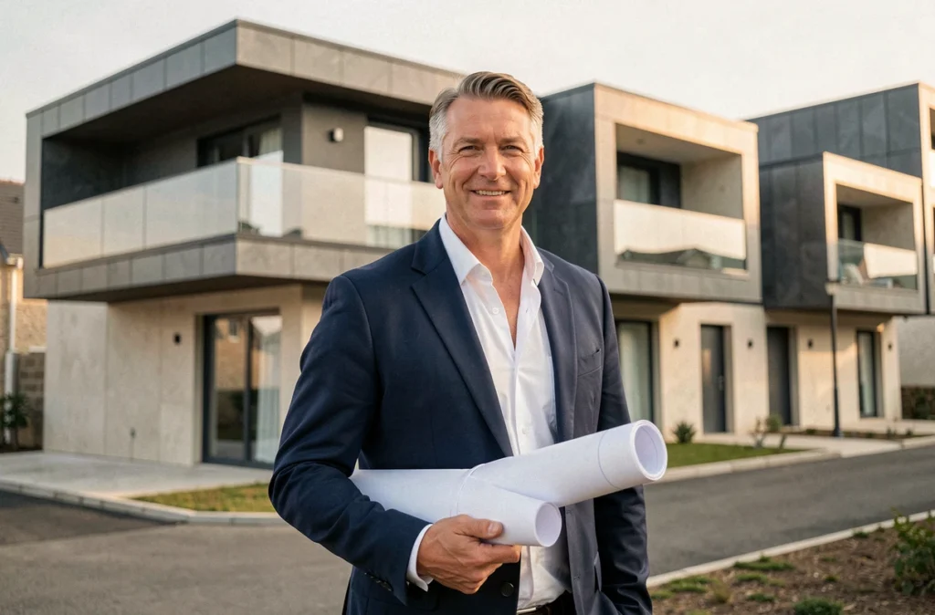 Promoteur immobilier du Groupe Arc en Bretagne devant un immeuble résidentiel moderne avec plans en main