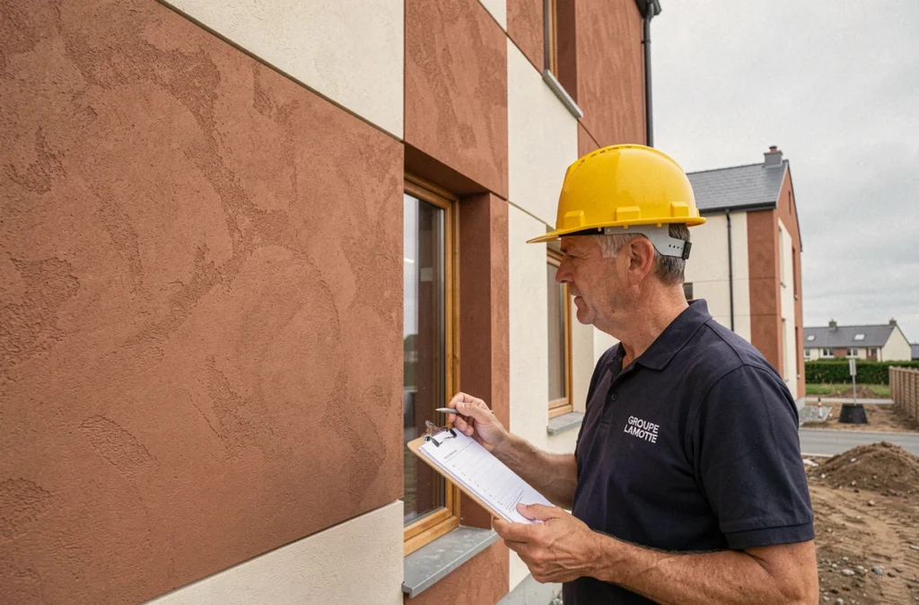 Chef de chantier du Groupe Lamotte inspectant la façade d'une résidence neuve en Bretagne avec casque et presse-papiers