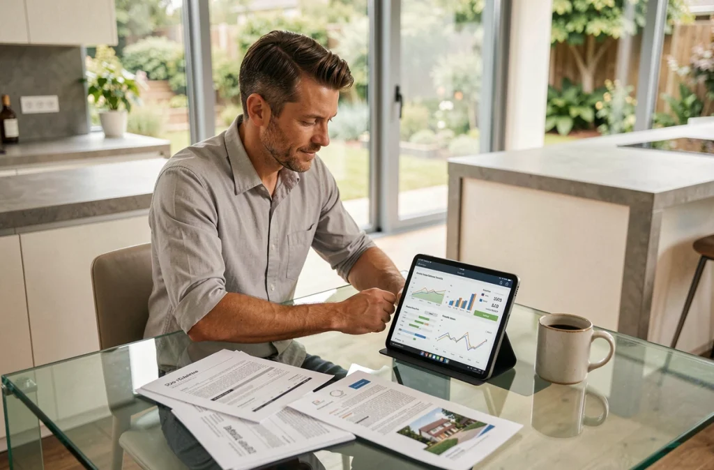 Homme analysant des données d'estimation immobilière sur une tablette avec des documents papier sur une table de cuisine moderne