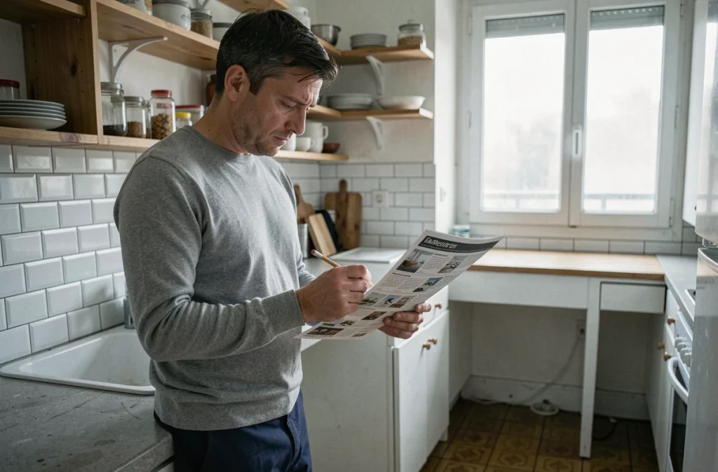 Homme consultant des annonces immobilières imprimées dans une petite cuisine parisienne en location temporaire après un déménagement contraint