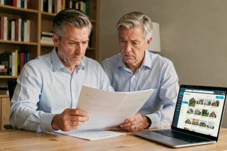 Homme examinant des documents immobiliers Icade avec une expression dubitative dans un bureau à domicile