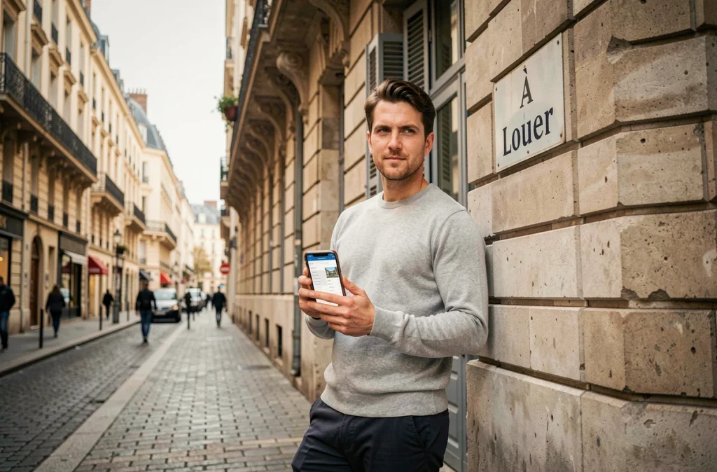 Homme cherchant un appartement à louer à Lyon via une plateforme immobilière en ligne sur smartphone