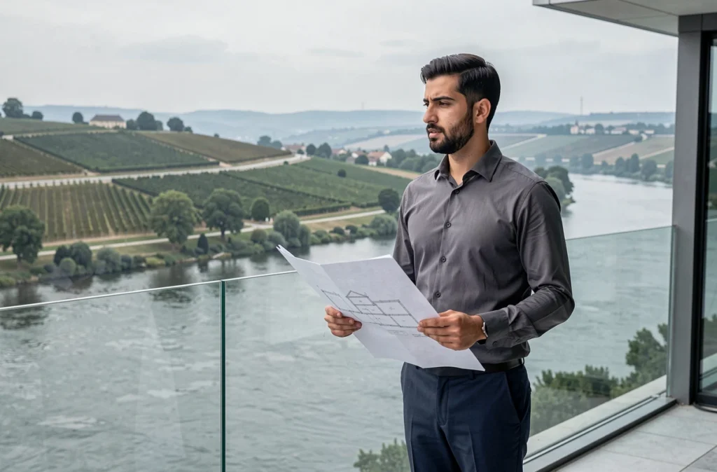 Architecte Houssam Dahhan à Gennes-Val-de-Loire sur une terrasse contemporaine avec vue sur la Loire et ses vignobles