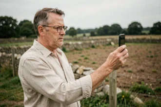 Homme photographiant une parcelle de terrain avec son smartphone pour identifier le propriétaire foncier