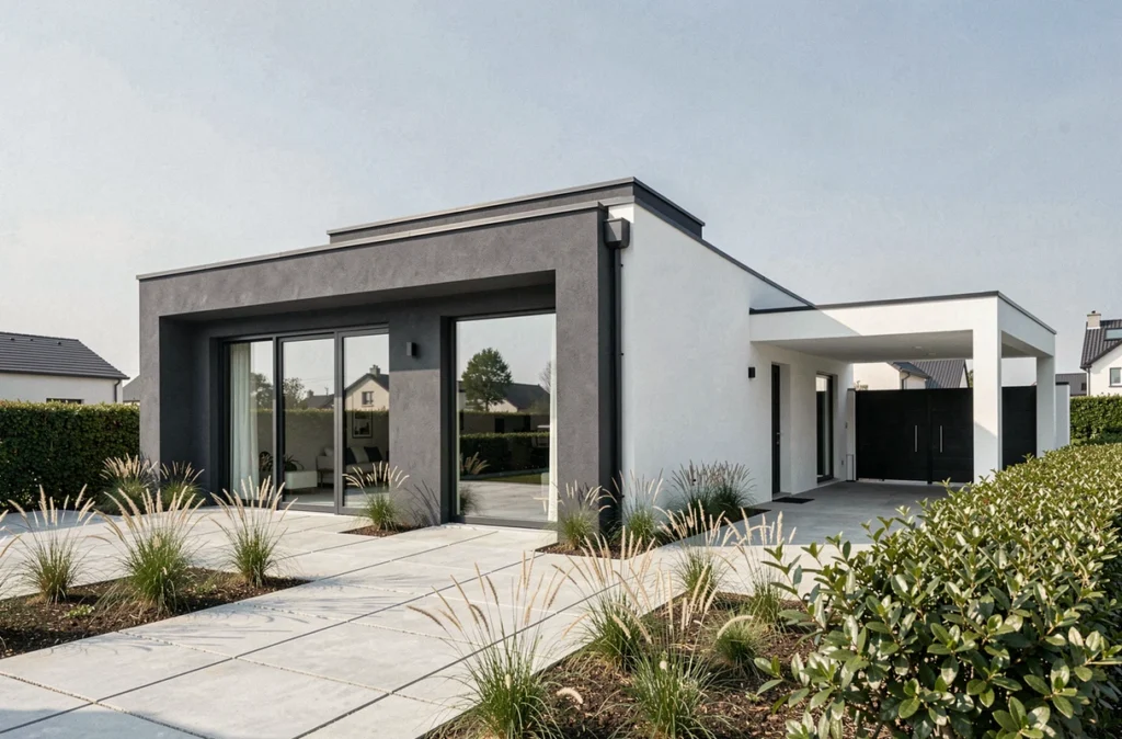 Maison individuelle contemporaine clé en main réalisée par Immo Construction en Gironde, toiture plate, façade bicolore sombre et blanc avec grandes baies vitrées