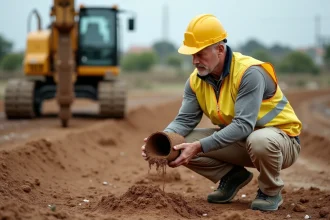 Ingénieur géotechnicien examinant une carotte de sol sur un terrain non constructible lors d'une étude de sol
