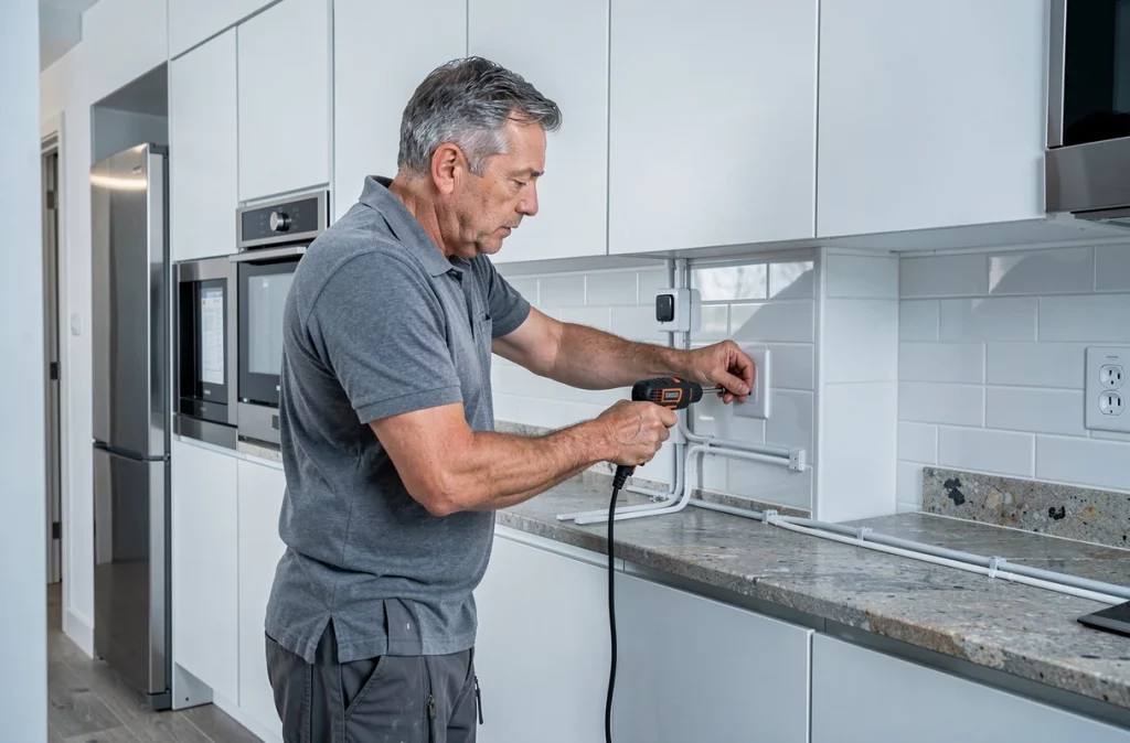 Électricien installant une prise électrique encastrée dans une cuisine rénovée conforme aux normes NF C 15-100