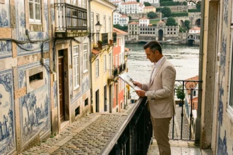 Investisseur immobilier consultant une brochure dans le quartier historique de Ribeira à Porto, avec façades en azulejos et vue sur le Douro