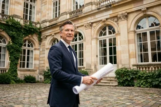 Investisseur immobilier tenant des plans architecturaux devant la façade d'un monument historique français en pierre sculptée