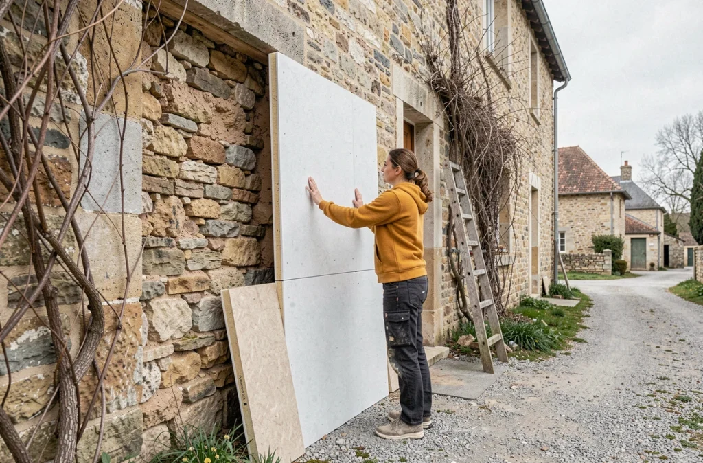 Femme inspectant l'isolation thermique par l'extérieur sur la facade en pierre d'une maison de village ancienne