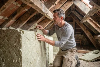 Artisan posant de la laine minérale entre les chevrons d'un grenier en rénovation dans une maison ancienne en pierre