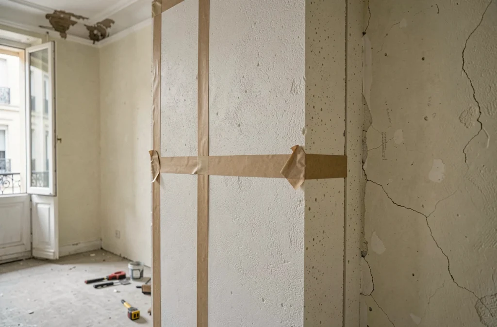 Détail de l'isolation thermique intérieure avec panneaux de mousse rigide et pare-vapeur dans un appartement ancien en rénovation