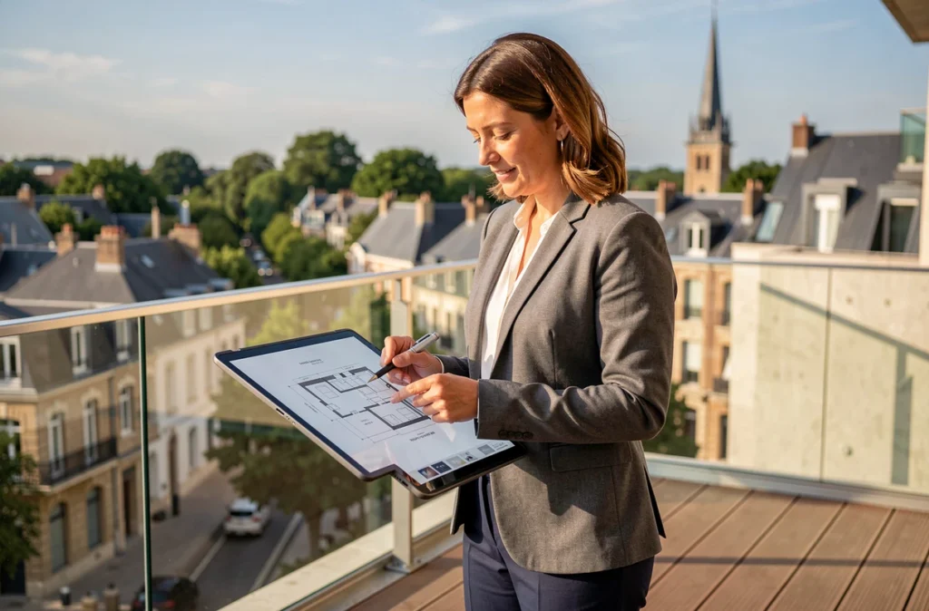 Responsable de projet Legendre Immobilier sur la terrasse d'un immeuble résidentiel breton avec tablette et plans