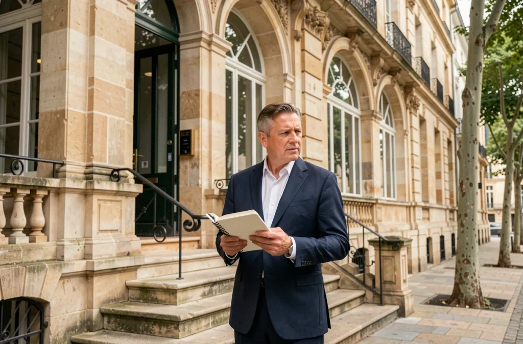 Architecte Lionel Vié et Associés devant un bâtiment historique rénové en pierre de tuffeau à Angers