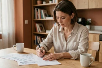 Locataire d'un meublé examinant des documents fiscaux liés à la taxe d'habitation sur une table en bois