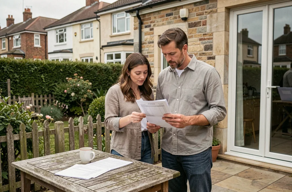 Couple de locataires potentiels étudiant l'estimation du loyer d'un T3 rez-de-jardin sur leur terrasse privée