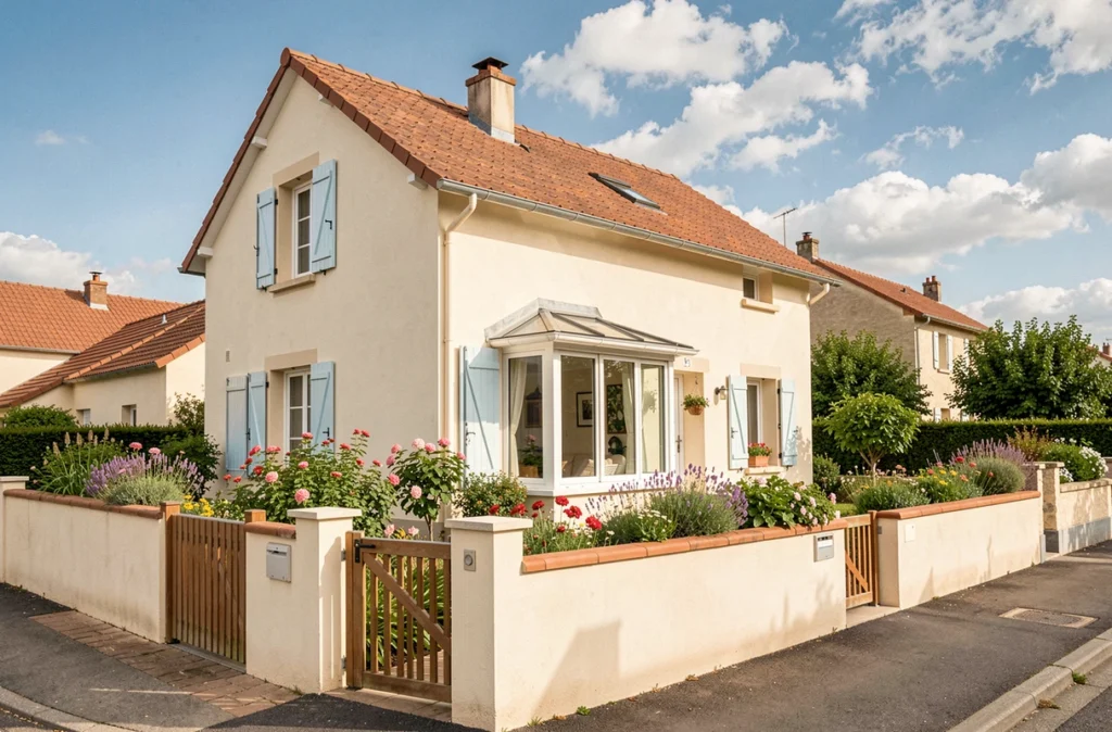Maison individuelle lumineuse avec volets bleus et jardin fleuri construite par Maisons Clair Logis