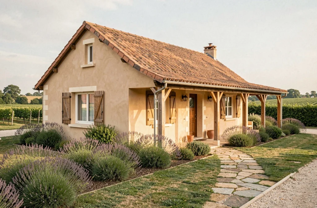 Maison individuelle de style maison de campagne girondine construite par Maisons Glantine, façade sable et toiture en tuiles avec jardin fleuri