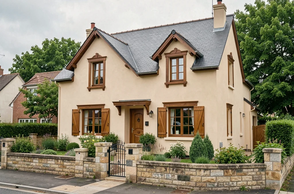 Maison individuelle de style classique construite par Maisons Sanem en banlieue bordelaise, façade beige avec tuiles anthracite et jardin soigné