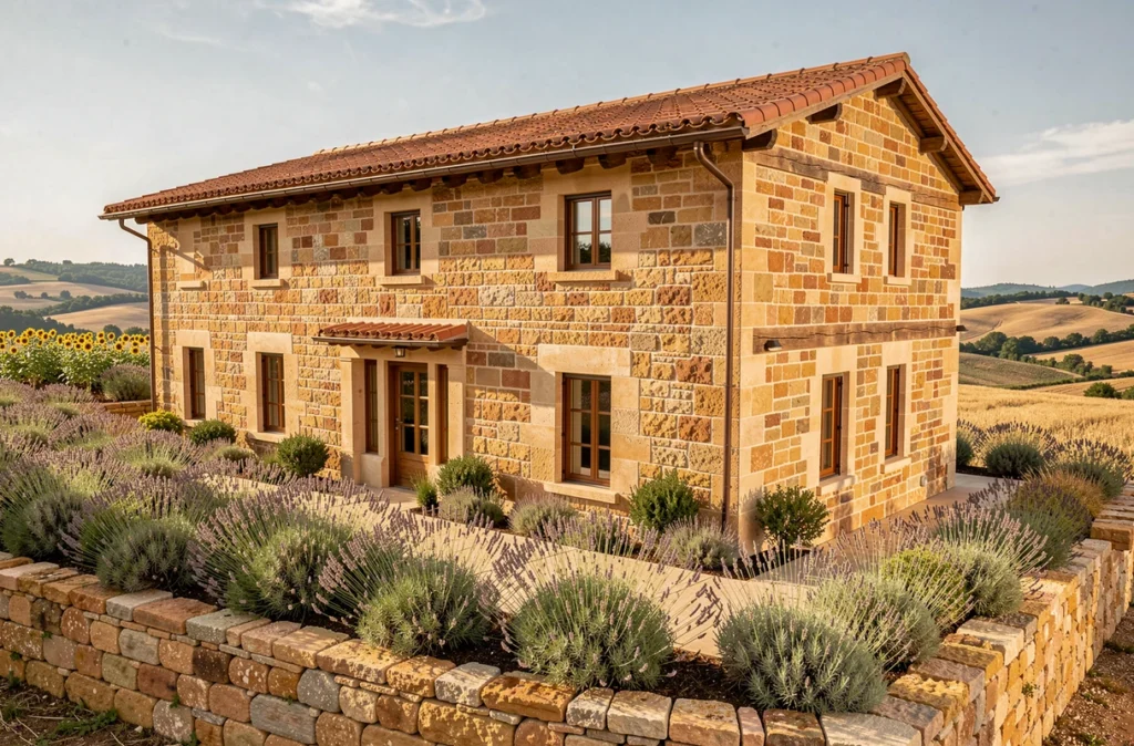 Maison en pierre de style occitan avec jardin en terrasses construite par Maisons Terre d'Oc
