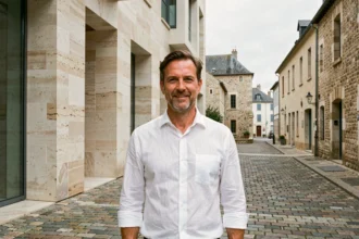 Architecte professionnel devant un bâtiment en pierre de tuffeau typique du Maine-et-Loire, évoquant le patrimoine architectural de la région