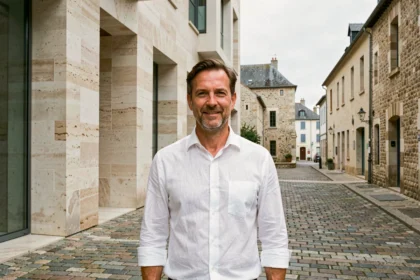 Architecte professionnel devant un bâtiment en pierre de tuffeau typique du Maine-et-Loire, évoquant le patrimoine architectural de la région