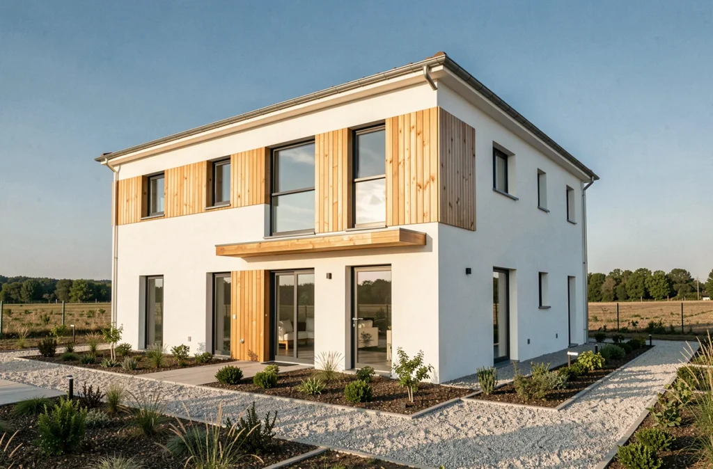 Maison individuelle moderne réalisée par Mètre Carré près de Bordeaux, façade blanche avec bardage bois et grande fenêtres sur jardin en gravier