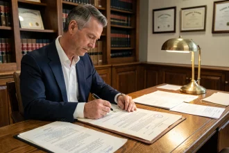 Notaire examinant un contrat immobilier avec des documents officiels sur un bureau en chêne dans un cabinet notarial