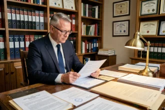 Notaire examinant une fiche d'immeuble officielle liée à la publicité foncière dans son étude notariale