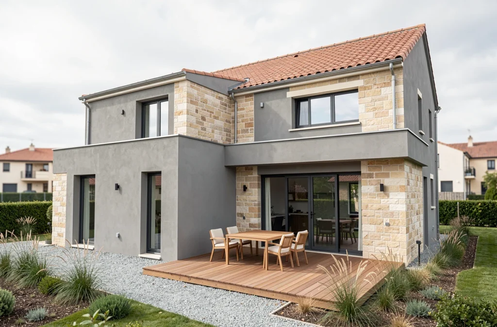 Maison résidentielle contemporaine avec terrasse en bois et cladding pierre construite par OC Résidences