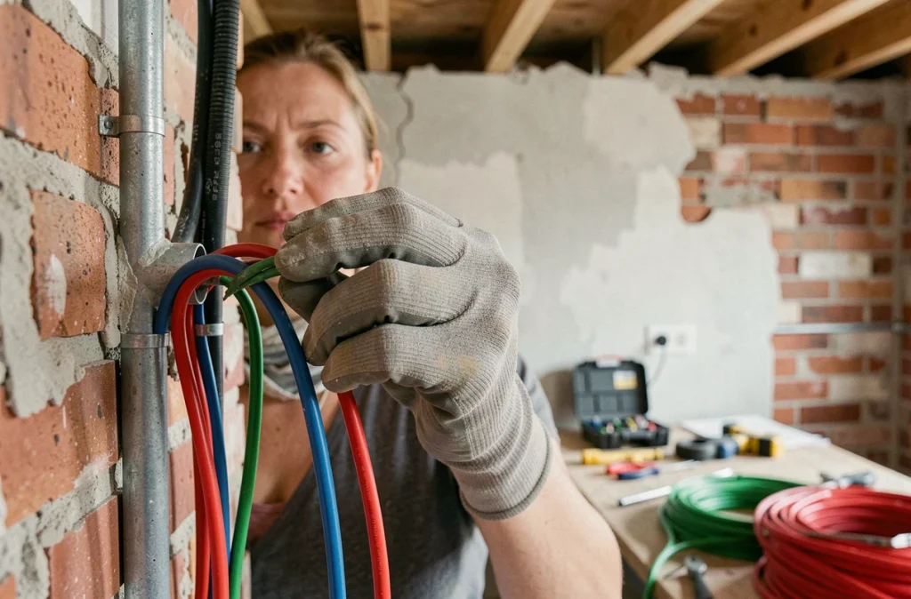 Mains d'une électricienne tirant des câbles colorés dans une conduite lors de travaux de rénovation électrique
