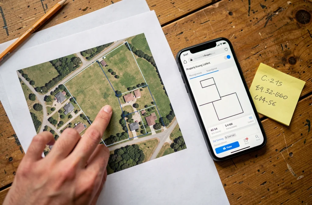 Vue aérienne imprimée d'une parcelle cadastrale comparée à une application mobile de recherche de propriétaire foncier