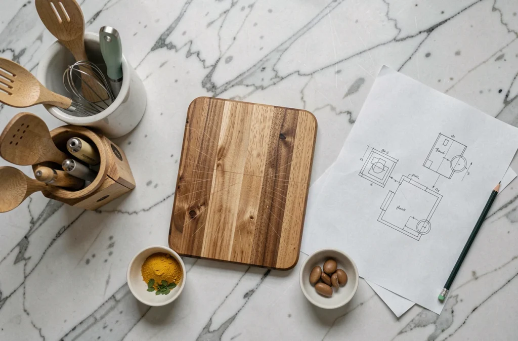 Vue aérienne d'un plan de travail en marbre réorganisé avec ustensiles de cuisine, planche à découper et croquis d'aménagement