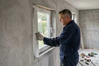Artisan en train de poser une fenêtre à double vitrage PVC dans une maison en rénovation pour améliorer la performance énergétique