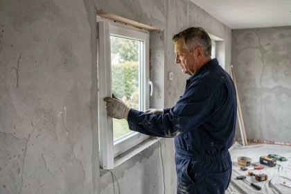 Artisan en train de poser une fenêtre à double vitrage PVC dans une maison en rénovation pour améliorer la performance énergétique