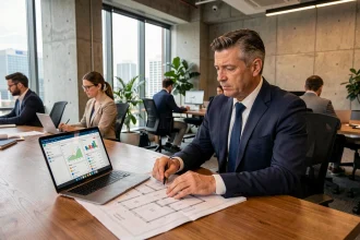 Promoteur immobilier en costume marine analysant un logiciel de gestion immobilière sur ordinateur portable dans un bureau moderne