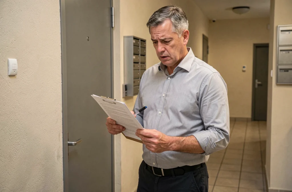 Propriétaire vérifiant des documents administratifs devant une porte d'appartement, démarche de conformité pour la taxe sur les logements vacants