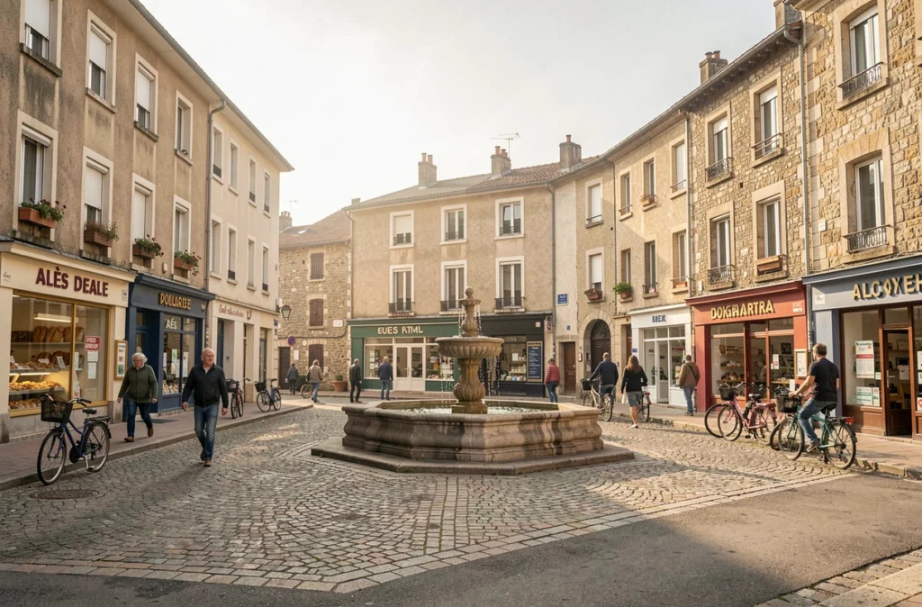 Place de quartier animée dans une ville du sud de la France similaire à Alès avec commerces et habitants
