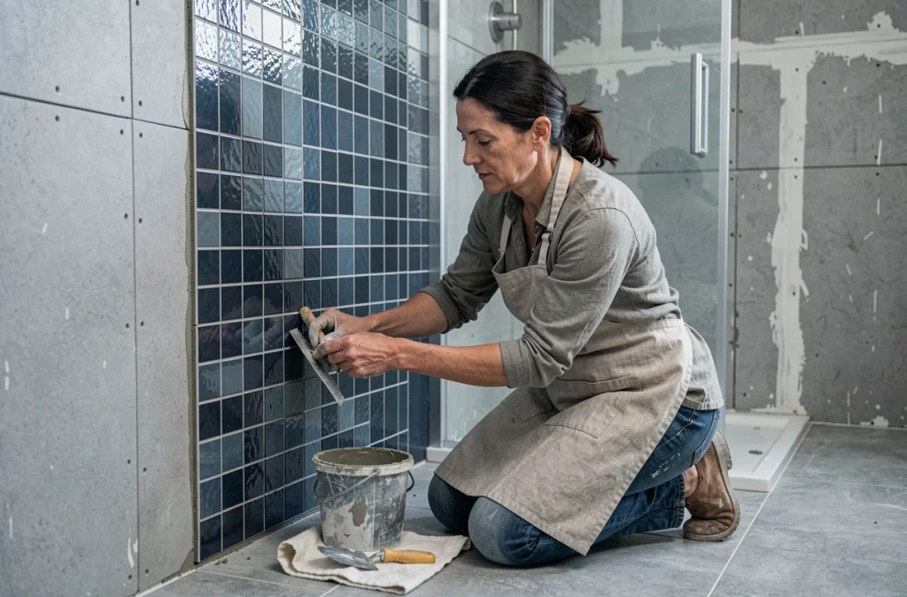 Femme posant du carrelage en mosaïque de verre recyclé bleu ardoise dans une douche à l'italienne lors de rénovation de salle de bains