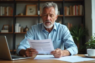 Homme consultant un contrat de prêt immobilier PTZ sur son bureau à domicile, illustrant les conditions de revente d'un bien financé par prêt à taux zéro