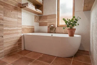 Salle de bains rénovée avec carrelage zellige blanc mat, sol en terre cuite et baignoire céramique autoportante aux accents laiton