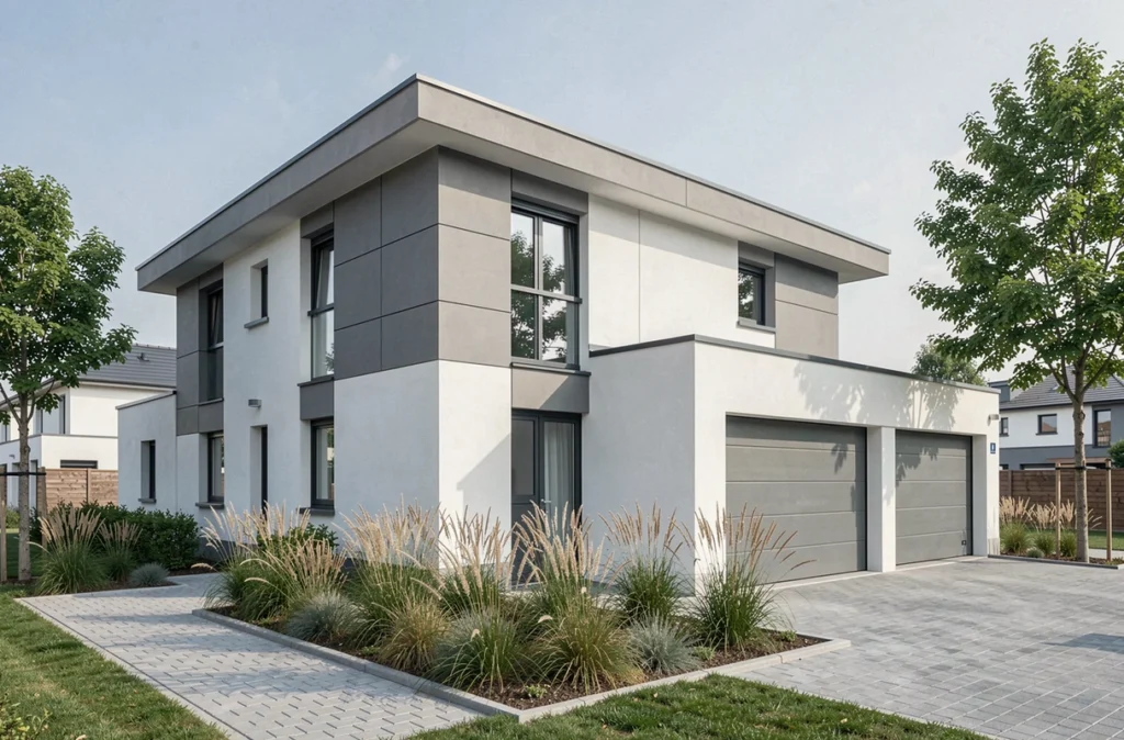 Maison contemporaine construite par SO'9 Habitat en périphérie de Bordeaux, façade bicolore gris et blanc avec jardin moderne