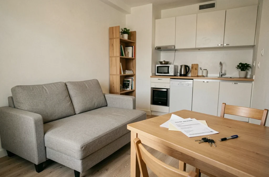 Studio meublé avec avis de taxe d'habitation posé sur la table, illustrant les charges fiscales en location meublée