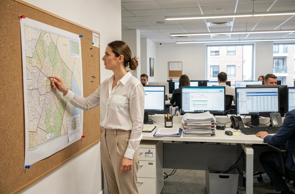 Urbaniste analysant un plan cadastral dans un bureau d'administration foncière en lien avec la fiche 3233-SD