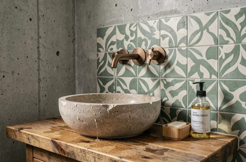 Détail vasque en pierre naturelle sur plan de travail en chêne massif recyclé avec carreaux de ciment artisanaux et robinetterie bronze brossé